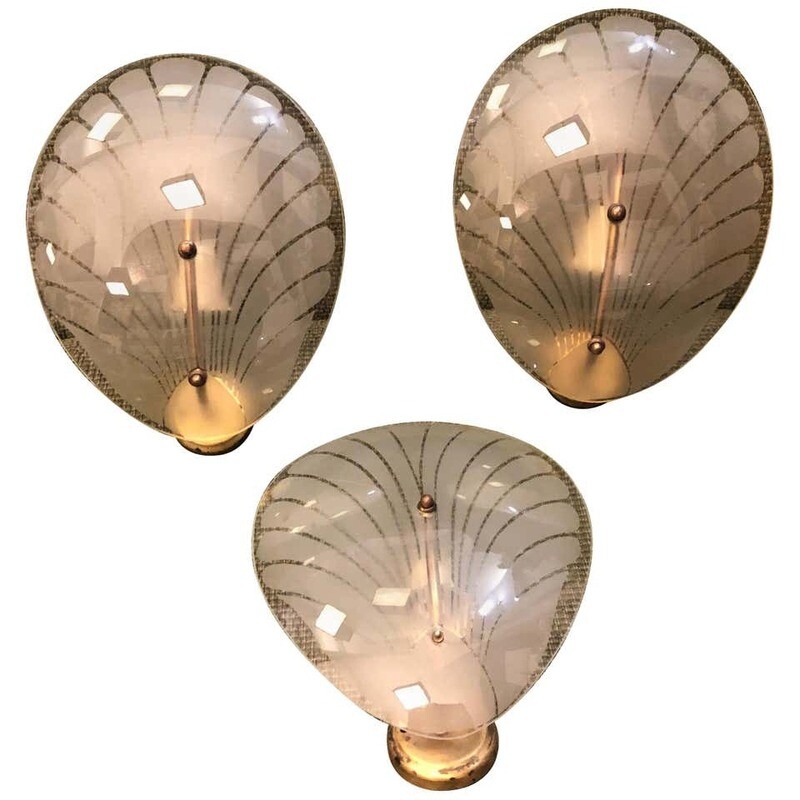 Set of Three Art Deco Brass and Glass Italian Shell Wall Sconces, circa 1930