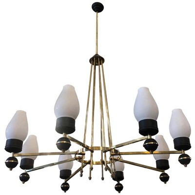 Mid-Century Modern Brass and Black Metal Chandelier in the manner of Giò Ponti