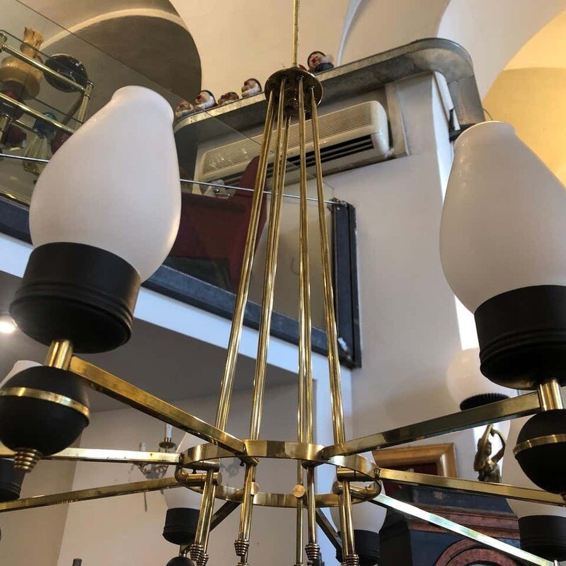 Mid-Century Modern Brass and Black Metal Chandelier in the manner of Giò Ponti
