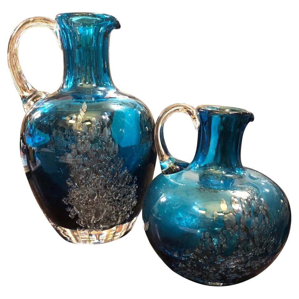 Set of Two Vintage Blue Glass Jugs by Mdina Glass, circa 1980