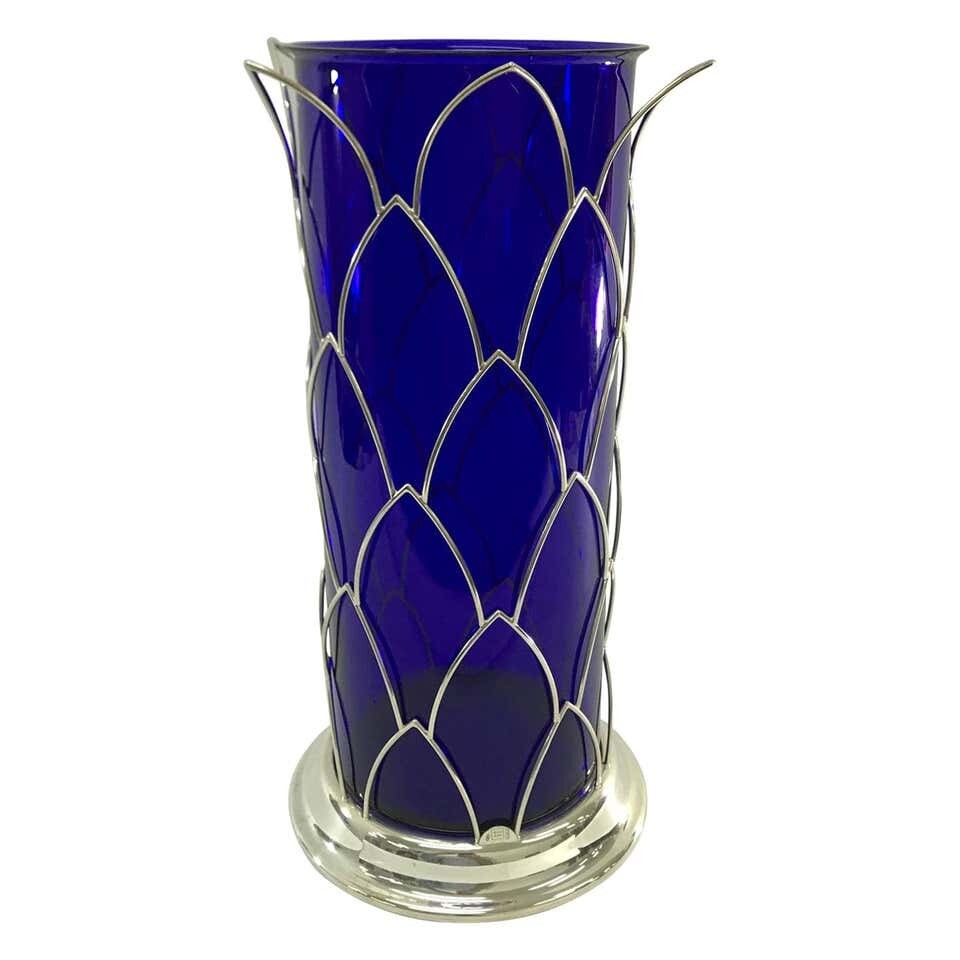 Cleto Munari Modernist Sterling and blue Murano Glass Vase, Italy circa 1980