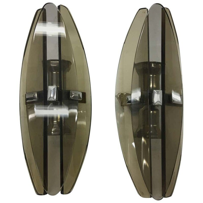 Set of Two Italian Modernist Elliptical Brown glass Wall Sconces by Veca 1970