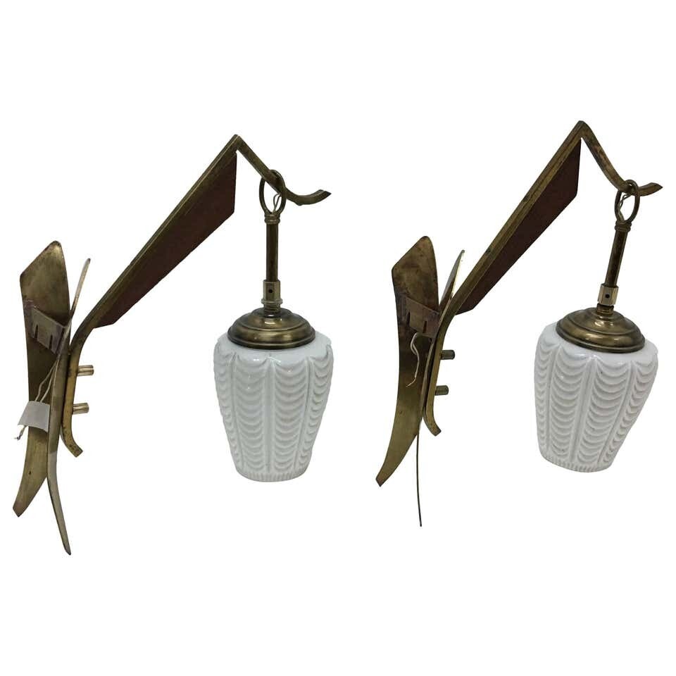 Two Mid-Century Modern Italian Teak, Brass and White Glass Wall Sconces 1950
