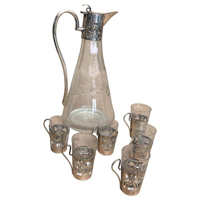 Art Nouveau Sterling Silver and Engraved Crystal Liquor Set, circa 1900