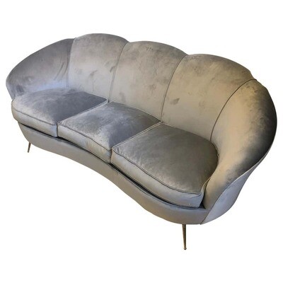 Gio Ponti Style Mid-Century Modern Brass and Velvet Curved Sofa, circa 1950