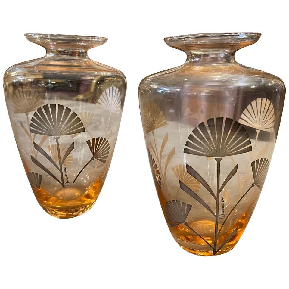 1930s Set of Two Art Deco Silver and Orange Glass Italian Vases