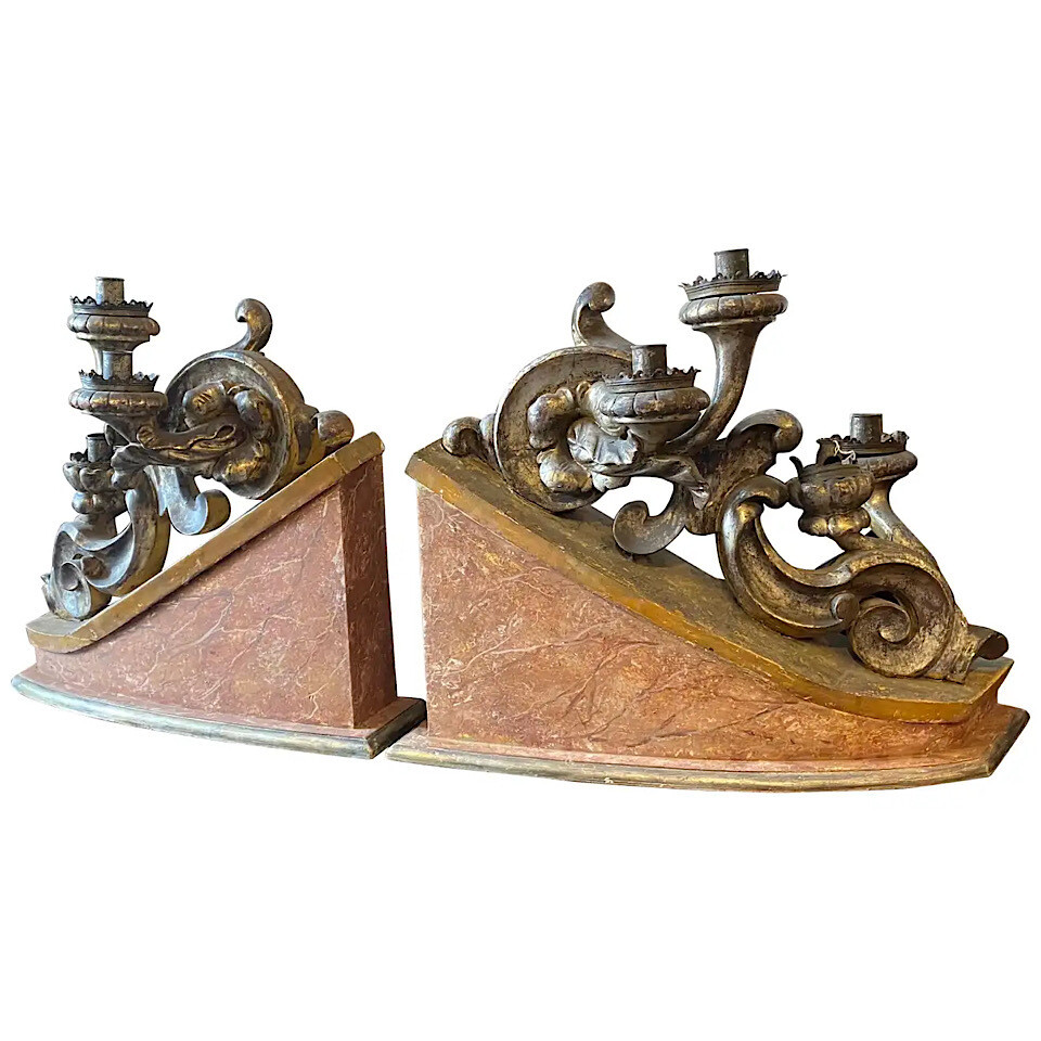 19th Century Pair of Antique Wood Italian Candelabras