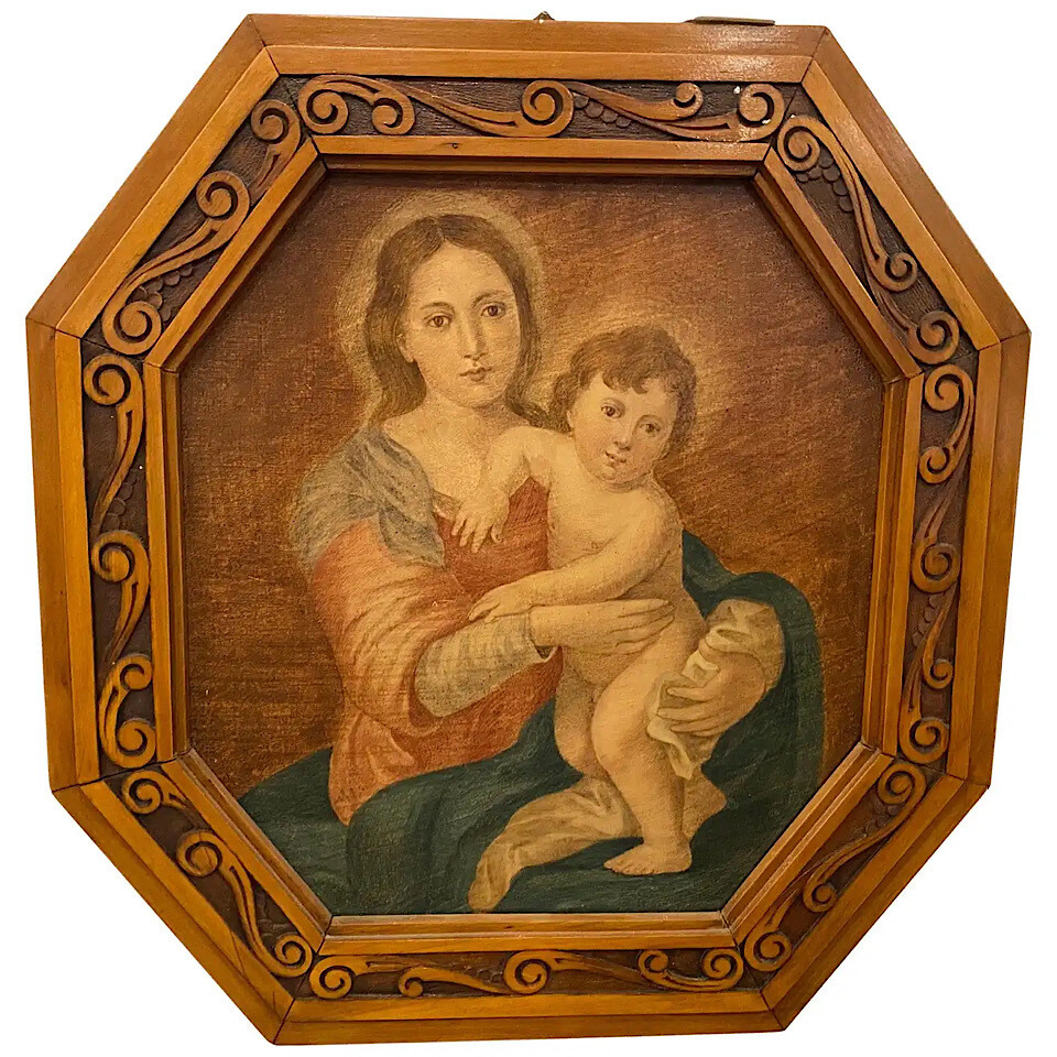 Art Nouveau Octagonal Framed Oil on Canvas Depicting a Madonna with Jesus Child