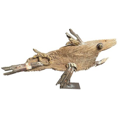 Wood and Antique Fragments Unique Sculpture of a Fish