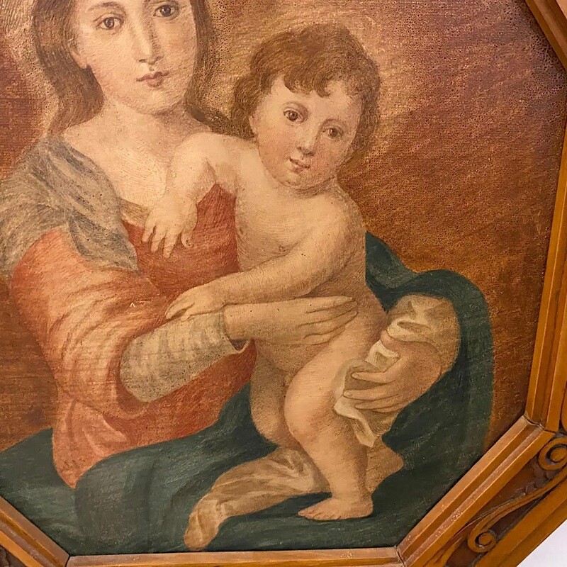 Art Nouveau Octagonal Framed Oil on Canvas Depicting a Madonna with Jesus Child