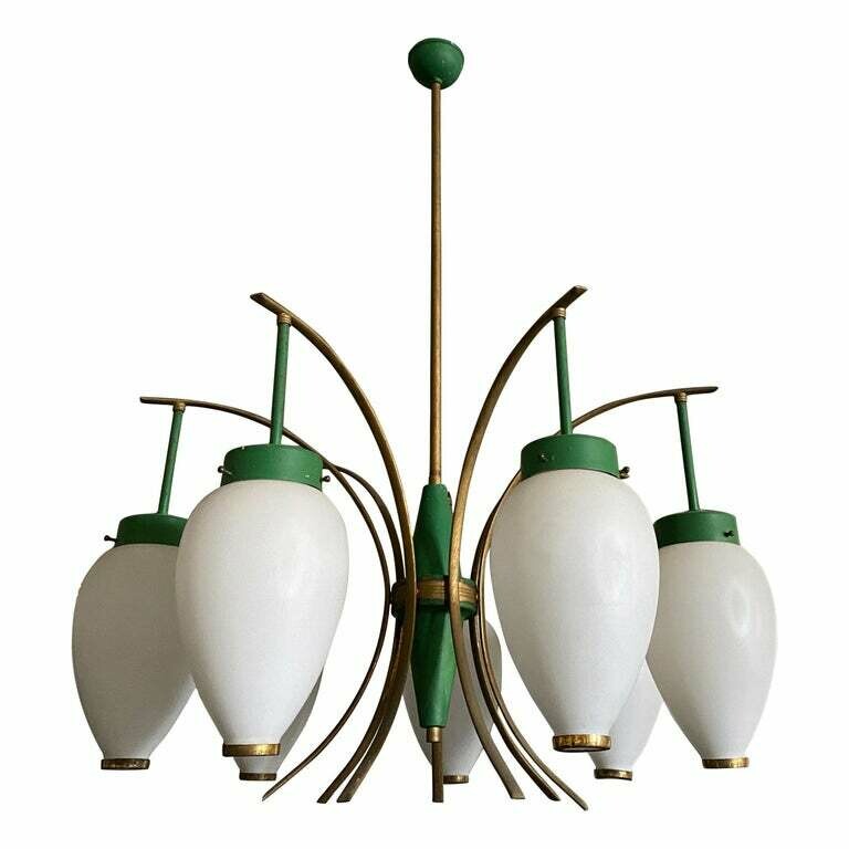 1960s Stilnovo Mid-Century Modern Brass and Glass Chandelier