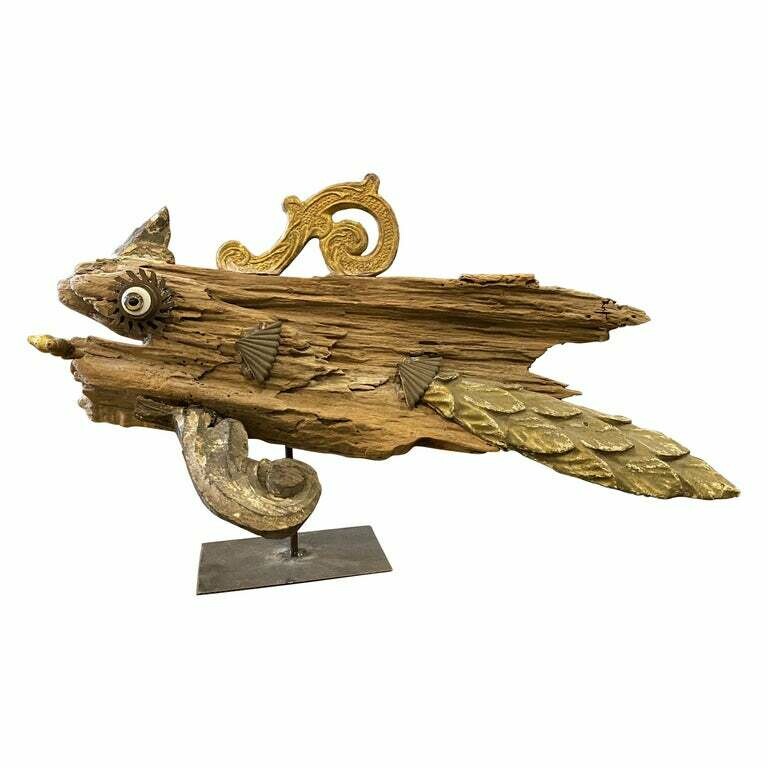 Old Wood and Antique Fragments Sculpture of a Fish on an Iron Pedestal