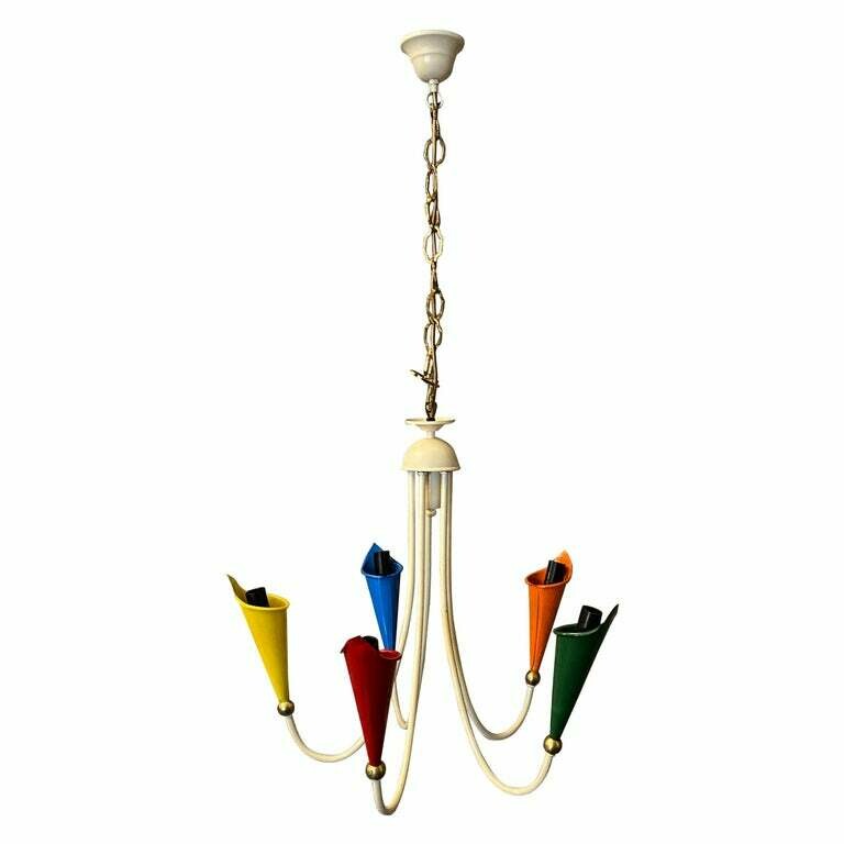 1950s Mid-Century Modern Brass and Painted Metal Italian Chandelier