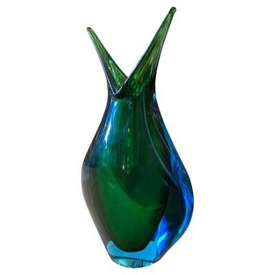 1970s Modernist Blue and Green Heavy Murano Glass Vase by Fabio Poli for Seguso