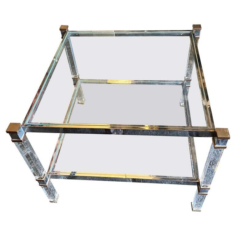 1970s Mid-Century Modern Lucite and Brass Square Italian Coffee Table