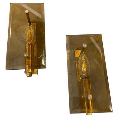 1960s Pair of Mid-Century Modern Brass and Smoked Italian Glass Wall Sconces