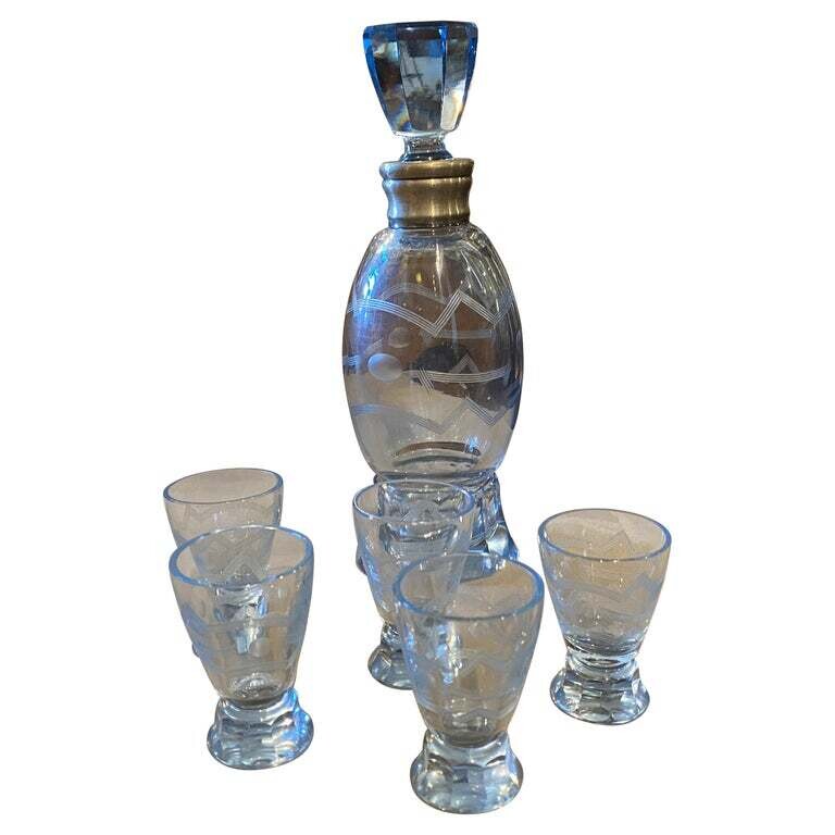 1930s Art Deco Silver and Engraved Blue Glass Italian Liquor Set