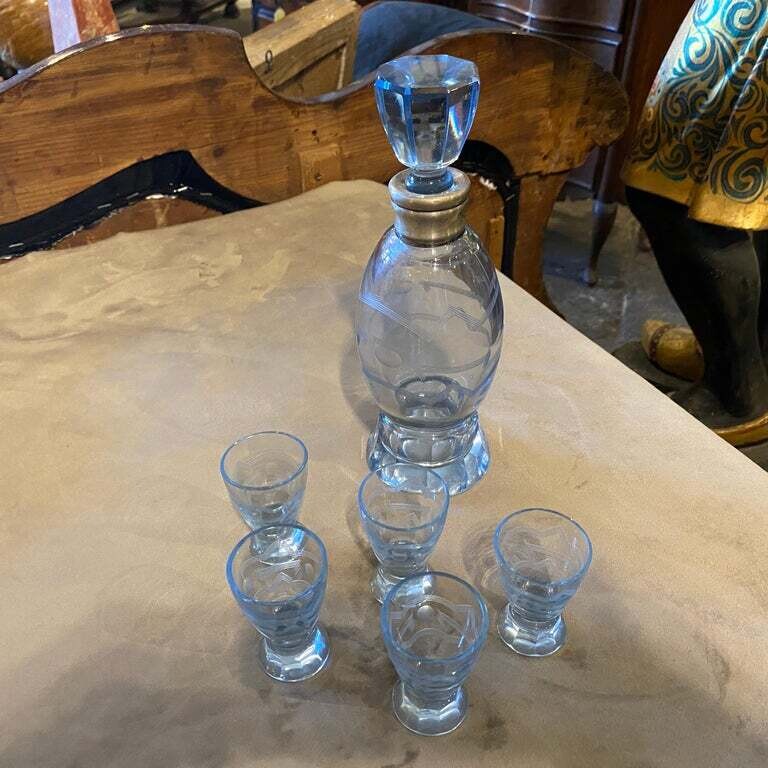 1930s Art Deco Silver and Engraved Blue Glass Italian Liquor Set