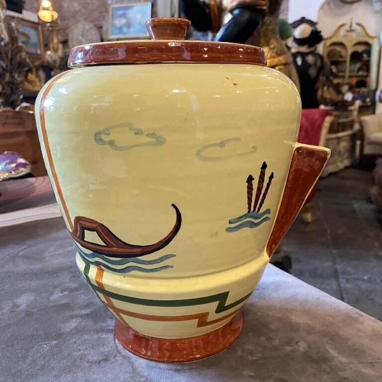 1930s Art Deco Hand-Painted Italian Ceramic Biscuit Box by Ceramiche Faenza