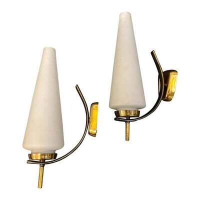 1960s Two Stilnovo Style Mid-Century Modern Brass and Glass Italian Wall Sconces