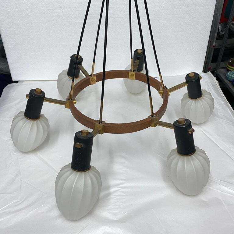 1960s Stilnovo Style Mid-Century Modern Brass Teak and Glass Italian Chandelier