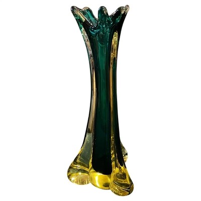 1970s Seguso Style Modernist Green and Yellow Murano Glass Vase