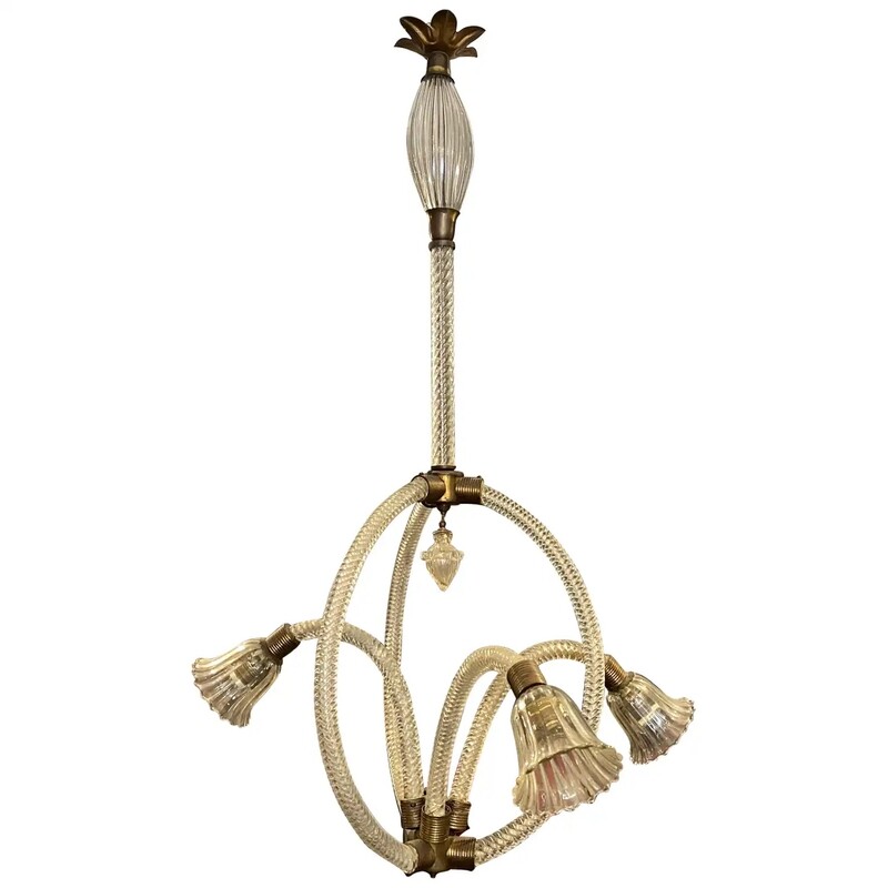 1950s Mid-Century Modern Murano Glass and Brass Chandelier by Barovier