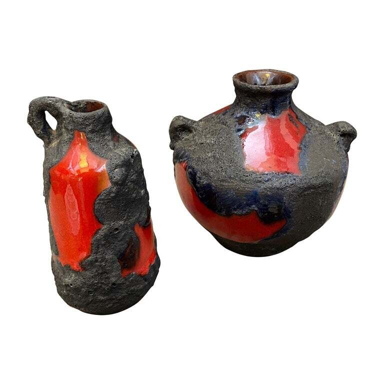 1970s Set of Two Red and Black Fat Lava Ceramic German Vases by Roth Keramik