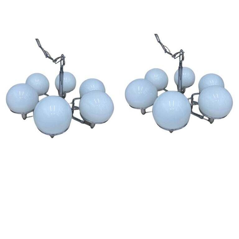 1970s Set of Two Space Age Opaline Glass and Chromed Metal Italian Pendants