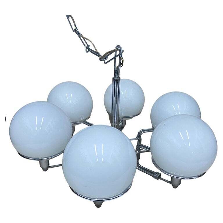 1970s Set of Two Space Age Opaline Glass and Chromed Metal Italian Pendants