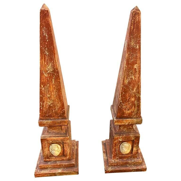 Late 19th Century Set of Two Hand-Painted Wood Italian Obelisks