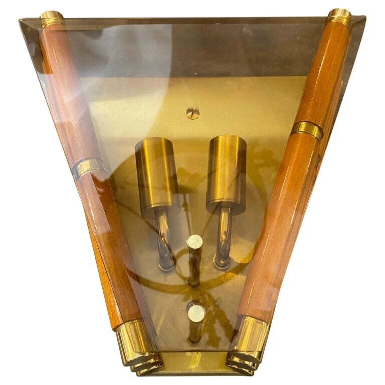 1980s Modernist Glass, Wood and Brass Italian Wall Sconce