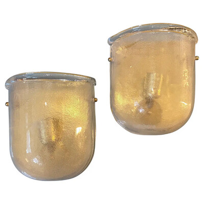 1980s Set of Two Mid-century Modern Brass and Murano Glass Wall Sconces