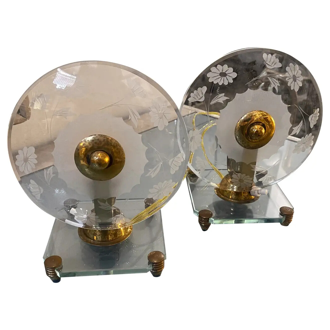 1950s Pietro Chiesa Brass and Engraved Glass Bed Lamps