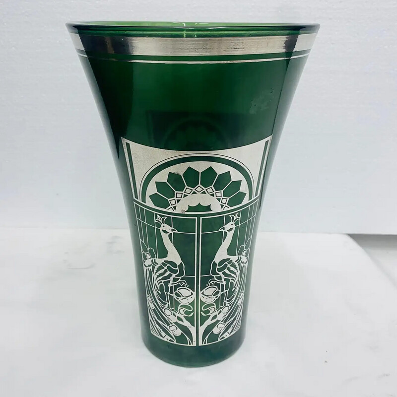 1900 Art Nouveau Green Glass and Silver Italian Vase