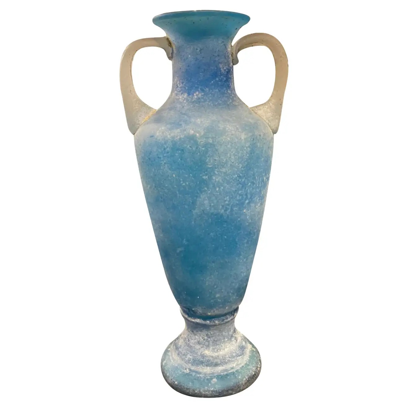 1960s Blue and White Scavo Murano Glass Amphora Vase