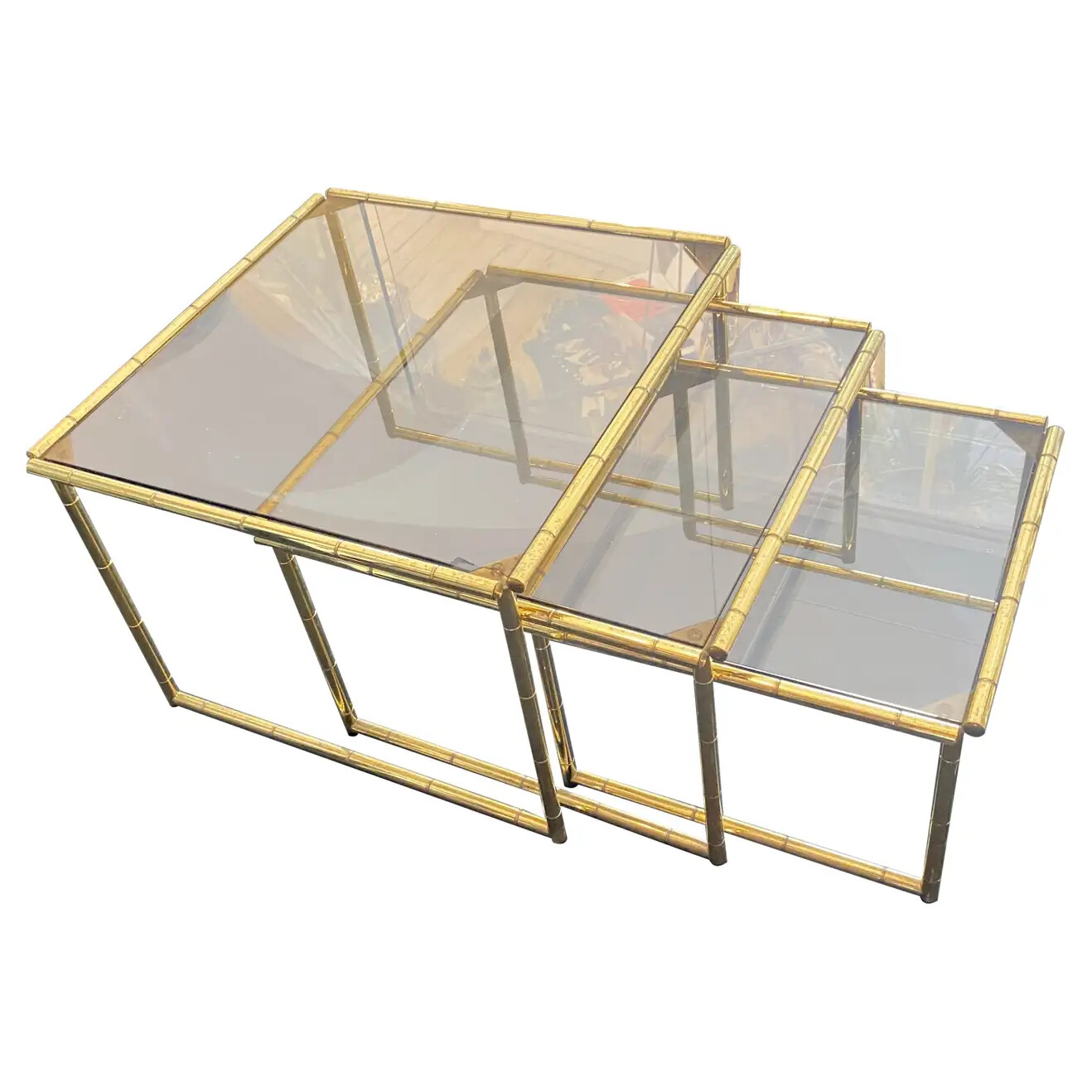 1960s Mid-Century Modern Set of Three Brass Nesting Tables