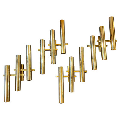 1970s Set of Four Brass Modernist Italian Wall Sconces by Gaetano Sciolari