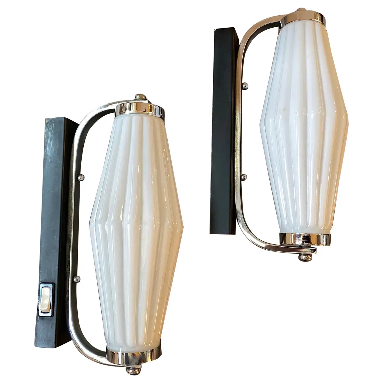 1940s Set of Two Art Deco Chromed Metal and Milk Glass Wall Sconces