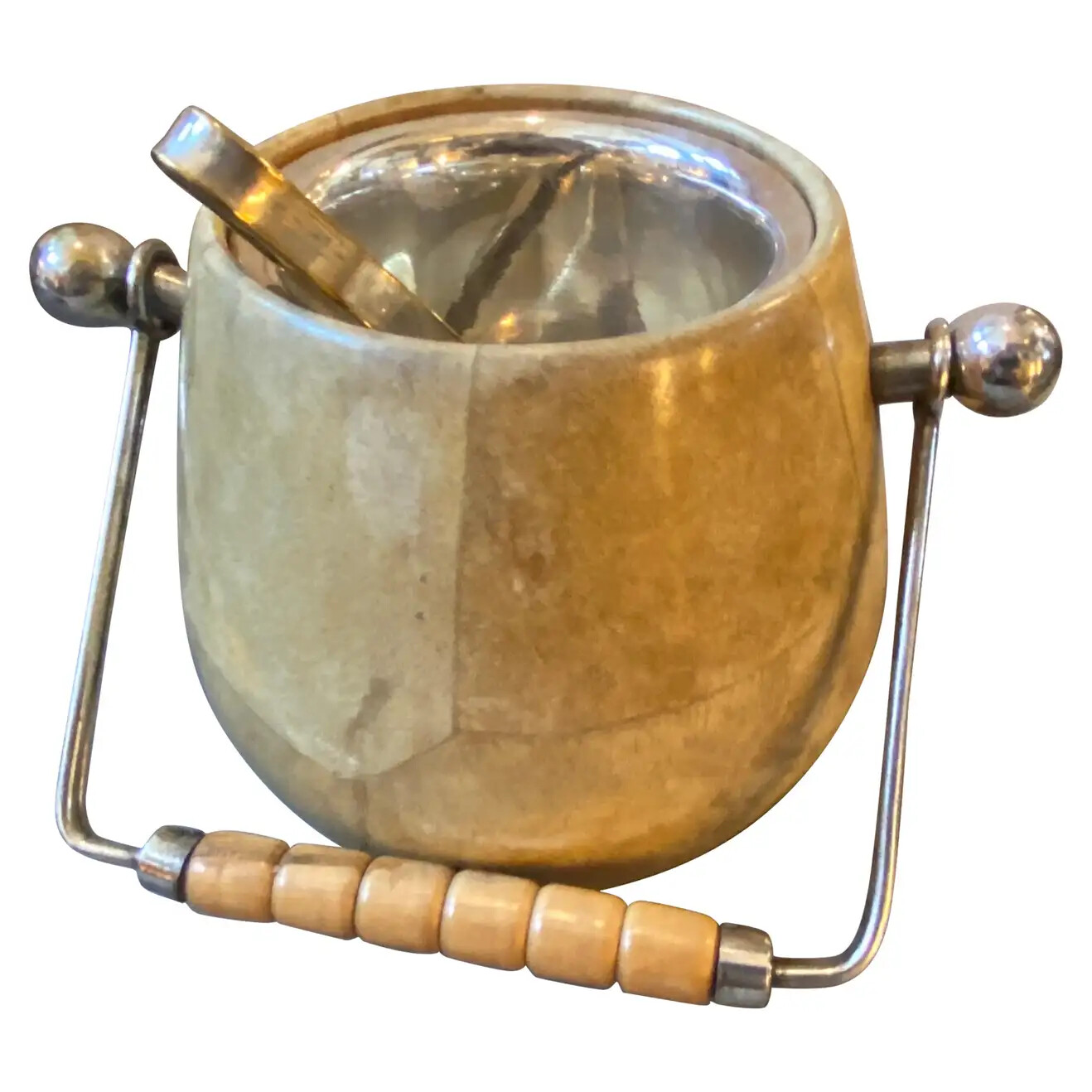 1960s Mid-Century Modern Goatskin and Brass Italian Ice Bucket by Aldo Tura