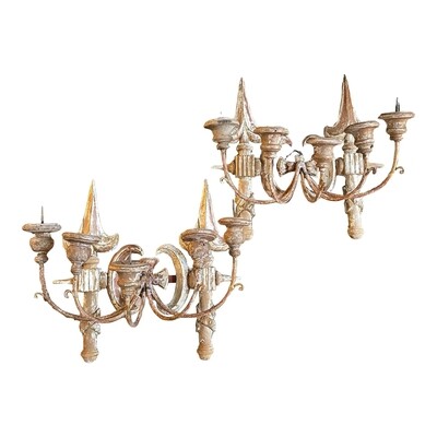 Late 19th Century Hand-Carved Wood Tuscany Wall Candelabra- Set of 2