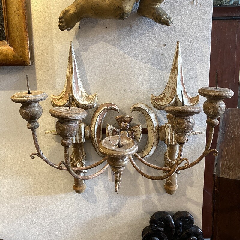 Late 19th Century Hand-Carved Wood Tuscany Wall Candelabra- Set of 2