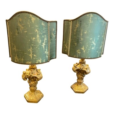 18th Century Louis XV Gilded Wood Palm Holder Transformed Lamps - a Pair