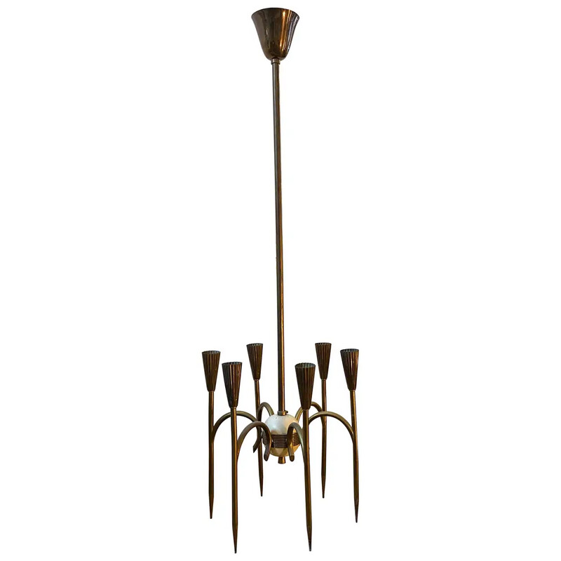 1950s Oscar Torlasco Style Mid-Century Modern Solid Brass Italian Chandelier