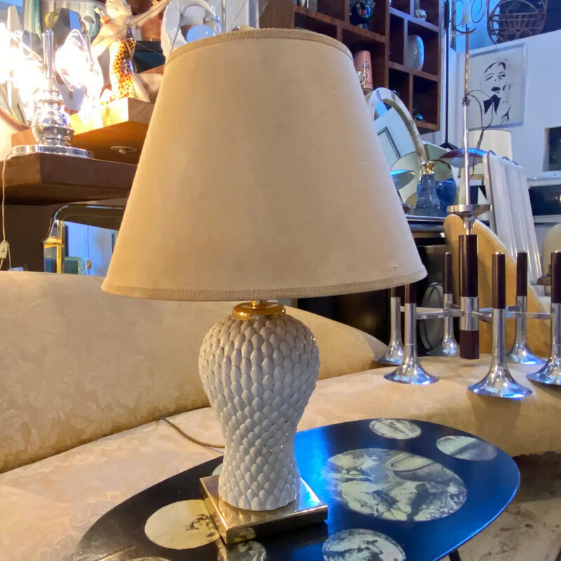1980s, Tommaso Barbi Attributed Brass and Porcelain Italian Table Lamp