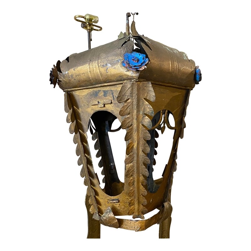 1900 Art Nouveau Gold and Blue Painted Iron Lantern