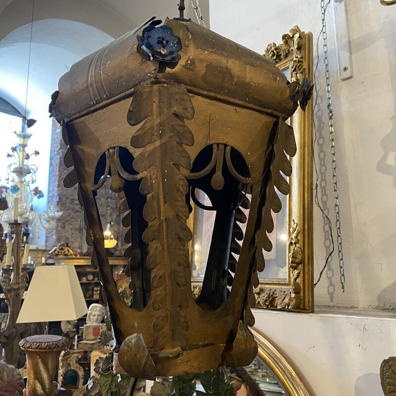 1900 Art Nouveau Gold and Blue Painted Iron Lantern