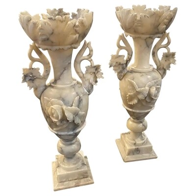 1900s Pair Art Nouveau Alabaster Italian Amphora Vases