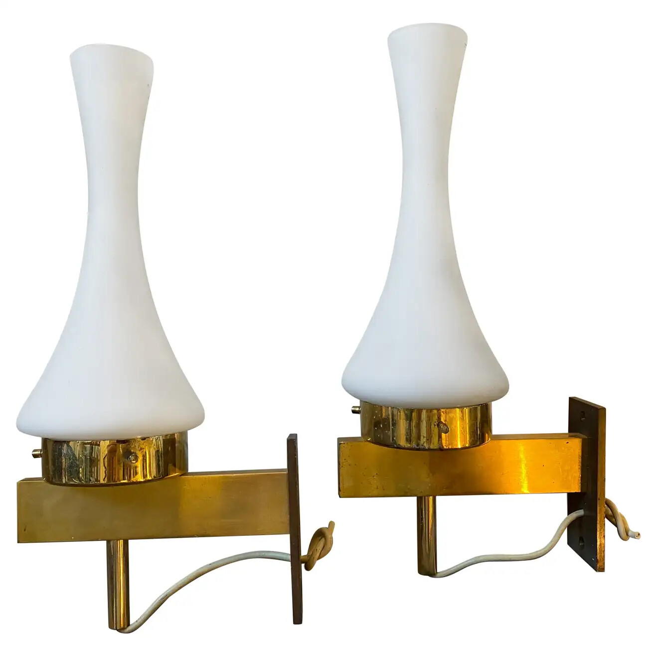 1970s, Mid-Century Modern Solid Brass and Glass French Wall Sconces