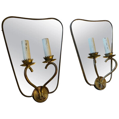 1950s Giò Ponti Style Mid-Century Modern Pair of Mirrors with Matching Sconces